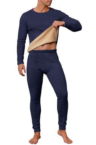 Herberton Mens Fashion Heavy-Wight Base Layer Training Round Neck Underwear Slim Fit Fleece Lined Winter Fluff Basic Classic Thermal Longsleeve Stretch Flexible Warm Indoor Undershirt Navy M