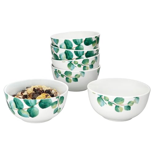 MamboCat Eucalyptus Lot de 6 bols 14 cm I 400 ml I Bol en porcelaine blanche pour 6 personnes avec décor végétal vert I Coupelle pour salade, soupe, céréales, etc. au petit-déjeuner, au déjeuner et au