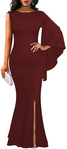 Image of Women's Elegant One Bell Sleeve Side Split Bodycon Long Formal Evening Dress