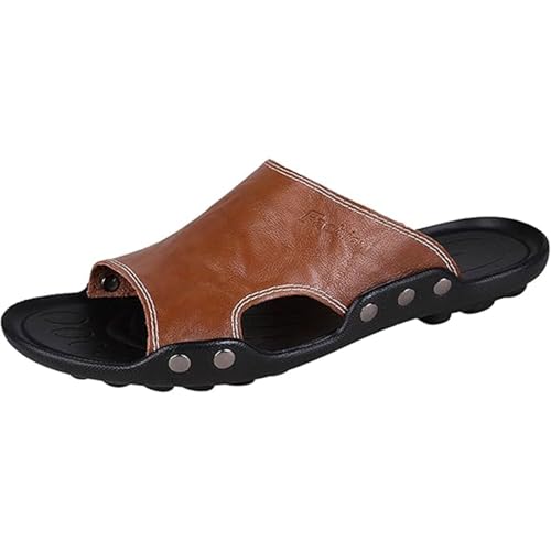 Men's Leather Slide Sandals - Summer Anti-Slip Flat Slippers Beach Casual Comfort Shoes