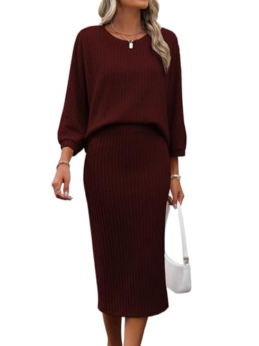 HBQ Women's 2 Piece Sweater Skirt Sets Ribbed Knit Loose Lantern Sleeve Top Midi Skirt Outfit Casual Loungewear Sets-Dark Red-L