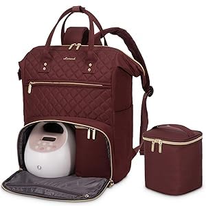 Image of LOVEVOOK Breast Pump Backpack with Cooler Bag, Quilted Breast Pump Bags Fits Spectra S1, S2 Medela, Travel Double Layer Pumping Bag for Working Moms with 15.6" Laptop Pocket, Red Wine.