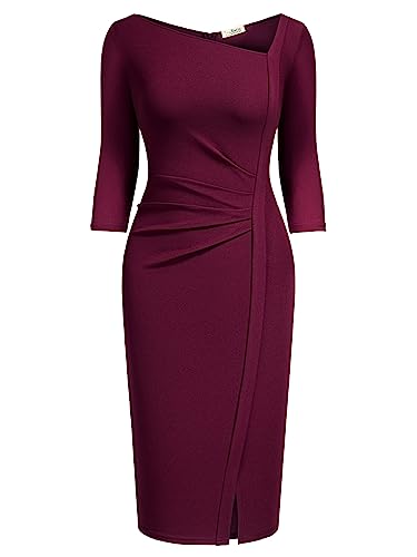 Image of AISIZE Women's Retro 3 /4 Sleeve Ruched Elegant Business Pencil Sheath Dress