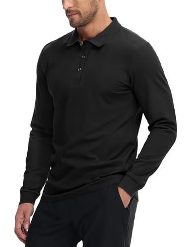 MIER Mens Cotton Polo Shirt Black Long Sleeve Soft Stretch Golf Tennis Breathable Collared Shirts for Men, 3 Buttons, XXL