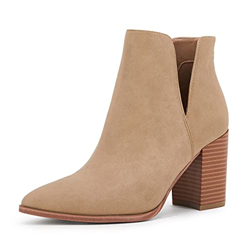SERAIH Womens Pointed Toe Ankle Booties Stacked Mid Block Heel Cutout Back Zipper Shoes Faux Leather Boots