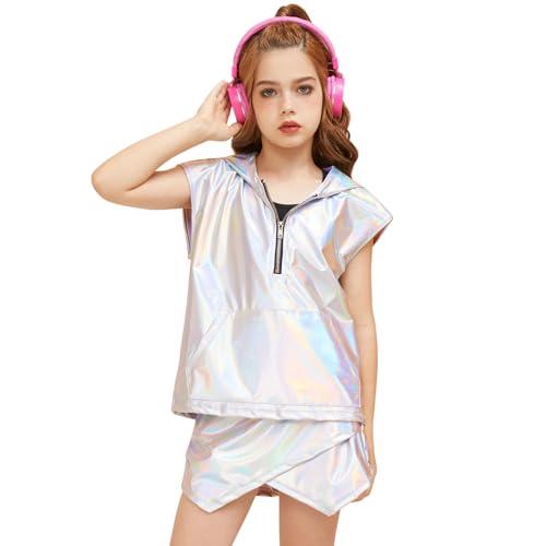 Image of Perfashion Girls Vest Metallic Half Zip Hoodie Sleeveless Leather Disco Jackets with Kangaroo Pocket 4-13Y