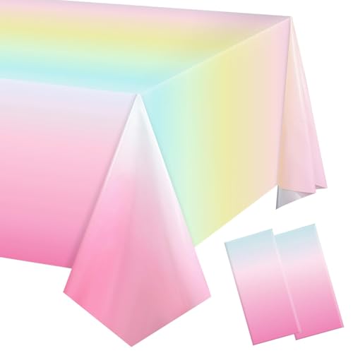 Calkkrer 2 PCS Pastell Regenbogen Tischdecken 137x274cm, Bunte Tischdecke Geburtstag M&auml;dchen, Tischdeko Kinder Party, Wachstischdecke Hochzeit, Tischtuch Regenbogen Deko