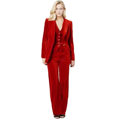 Women's 3 Piece Velvet Suit Office Business Ladies Trouser-Suit One Button Peak Lapel Blazer Vest Pant Set