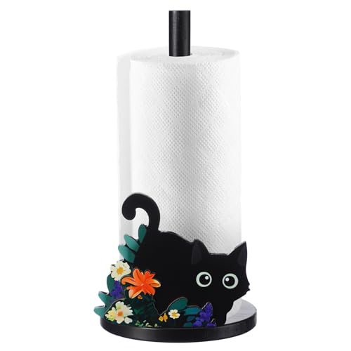 Novabright Black Cat Paper Towel Holder Cute Cat Flower Kitchen Decorative Accessories Spring Wooden Tissue Roll Holder Stand for Kitchen Countertop Bathroom Home Farmhouse Decor Cats Lovers Gift