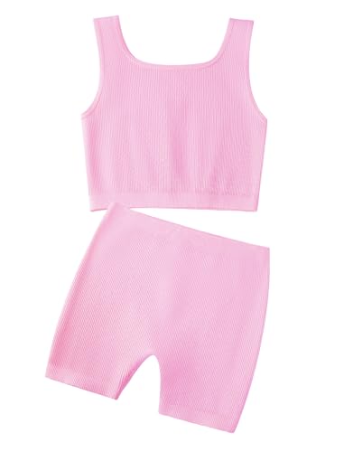 Image of EXARUS Girls 2 Piece Outfits Seamless Ribbed Cropped Tank Top Shorts Set | Teen Two Piece Outfit Tween Summer Dance Vacation Yoga Crew Neck Youth Athletic Workout Set Kids High Waist Elasticity 6-14Y