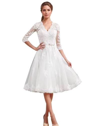 Beyonddress Langarm Brautkleider für Braut Tee Länge Spitze Applikationen Hochzeitskleid für Frauen Midi V-Ausschnitt Abendkleider C-Weiß,DE46