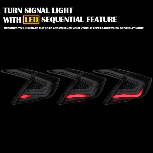 Image of SPEC-D TUNING Black Tail Lights w /White LED Strips, Sequential LED Turn Signal, and Startup Animation Compatible with 2016-2021 Honda Civic 4-Door Sedan, Left + Right Pair Assembly