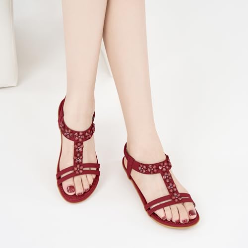 Image of HARENCE Summer Flat Sandals for Women: Comfortable Bohemian Beaded Flats Shoes Elastic Ankle Strap Casual Walking Slip On Dress Sandal