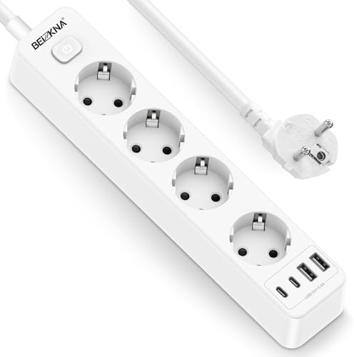 Steckdosenleiste 4 USB Mehrfachsteckdose 2 USB C mit 1.8M Kabel Schalter | 4 Fach 4000W 16A Verteilersteckdose mit Überspannungsschutz, Wandmontage, Steckdosenverteiler für Zuhause