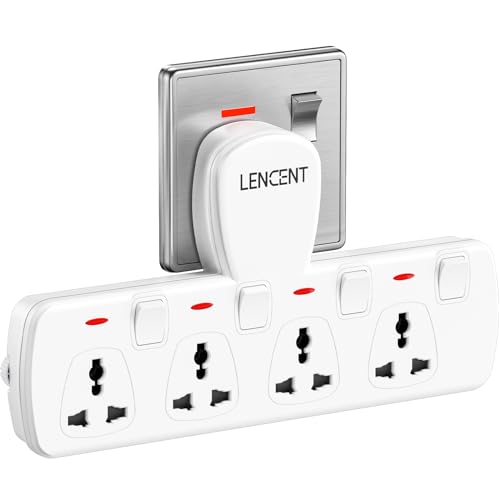 LENCENT Multi Plug Extension Socket, 4 Way Electrical Outlet Extender, Wall Charger, Universal Plug Adapter, Charging Station for Home, Office, Kitchen, Individually Switched