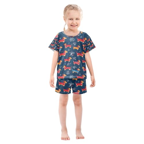 senya Dachshund Dogs Firework Summer Pajamas Set Short Cotton Sleepwear 2 Piece3