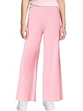 Haloumoning Girls Solid Rib Knit Wide Leg Pants Elastic Waist Flowy Casual Sweater Pants 5-14 Years Pink