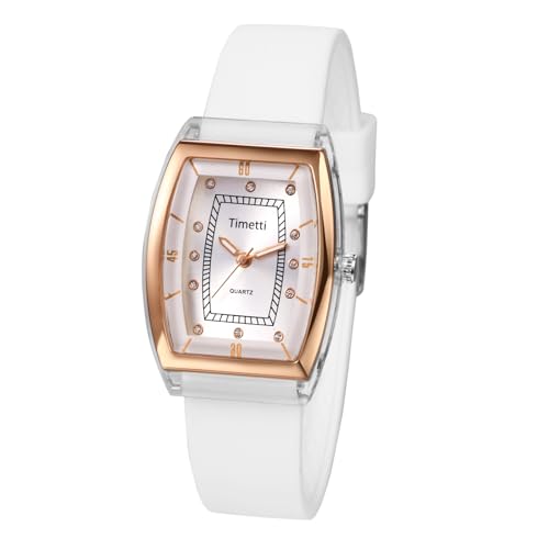 JewelryWe Reloj Analógico Barrilete Mujer: Reloj de Cuarzo para Señora Escala de Diamante Correa de Silicona Ajustable Blanco - para Ocio Negocios Regalos