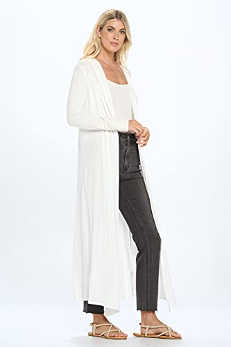 Image of Isaac Liev Women's Maxi Cardigan Casual Trendy Extra Long Open Front Floor Length Drape Lightweight Duster Cardigans- Womens Sweaters with Hoodie 197 WHT 3X