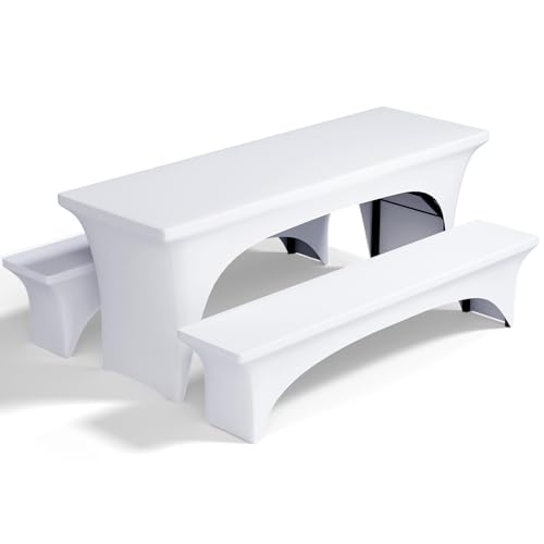 Pacok Biertischhussen Elastisch Set 3tlg,Tischhussen für Bierzeltgarnitur Bierbank Hussen Stretch Weiß Bierzelt Hussen für 50cm Tischbreite(220x50x80cm)