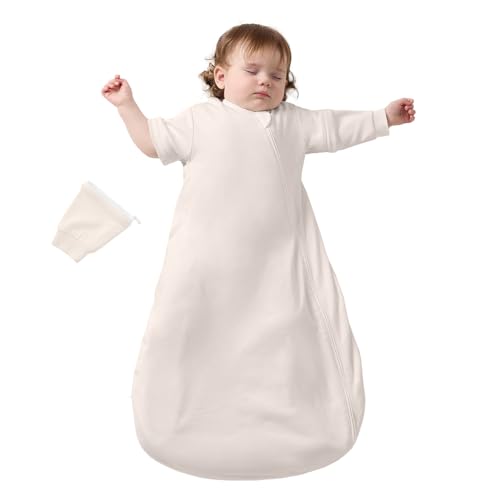 Baby Sleep Sack 12–18 Months, Cotton Sleep Sack with Detachable Long Sleeves, 1.0 TOG Wearable Blanket for Cooler Nights, 2-Way Zipper Toddler Sleeping Sack with Temperature Strip, Beige
