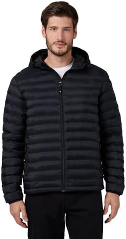 32 Degrees Heat Men’s Lightweight Packable Hooded Jacket – Water Resistant Travel Puffer, Black, Large