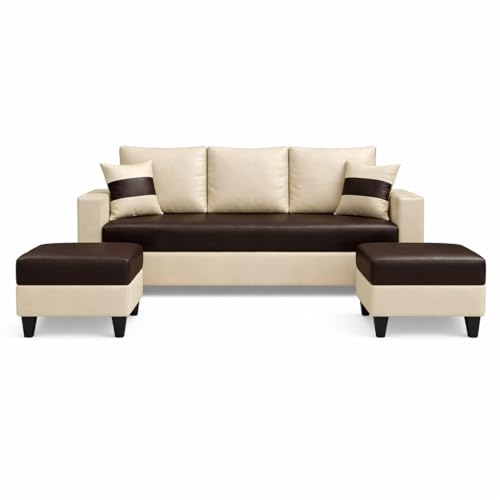 Image of Strike Dual Tone 5 Seater L Shape Leatherette Sofa Set with 2 Movable Ottomans | Flexible Layout | Premium Leatherette Upholstery | for Living Room & Office Spaces (Brown & Cream) | Breathable Material