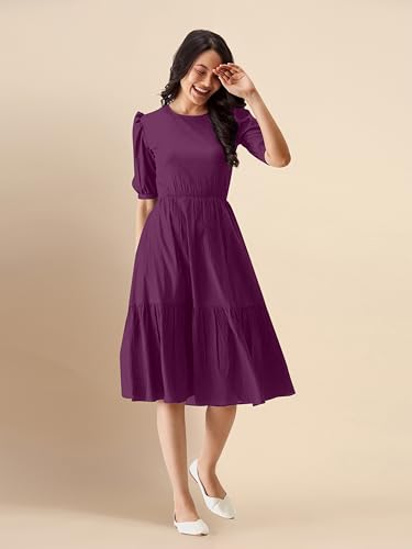 Image of TRENDMALLS Dress for Women Cotton Blend Round Neck Half Puff Sleeve Flared Pleated Midi Western Dress