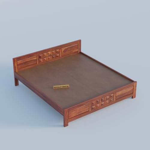 Image of Solid Sheesham Wood Queen Size Bed Without Storage | Double Bed Cot for Bedroom | Palang Double Bed for Hotels | Wooden Double cot for Living Room | Rosewood, Honey Finish
