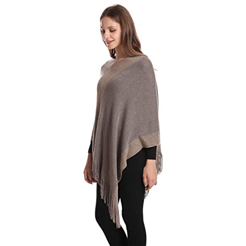 Image of Women's Elegant Knitted Shawl Poncho with Fringed V-Neck Striped Sweater Pullover Cape Gifts for Women Mom