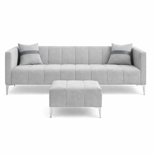 Image of Solomon 4 Seater L Shape Sofa Set with Movable Ottoman | Flexible Left or Right Layout | Luxe Velvet Suede Fabric | Comfortable Seating | Modern Sofa for Living Room - Light Gray