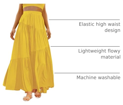 Image of ANRABESS Women's Boho Elastic High Waist Pleated A-Line Flowy Swing Asymmetric Tiered Maxi Long Skirt Dress with Pockets