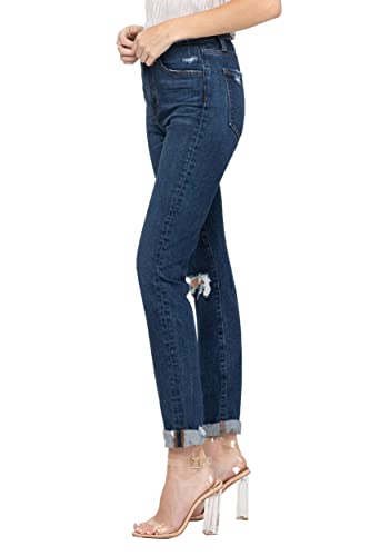 VERVET, Distressed Roll Up Stretch Mom Jean, Dark Blue4