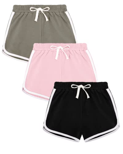 Auranso Girls Athletic Shorts 6-14 Years Teen Kids Running PE Gym Sports Shorts Colourful Summer Casual Beach Short Pants 3 Pack Black Pink Grey 10-12 Years