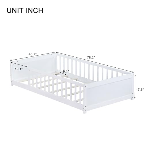 Image of Twin Size Kids Montessori Floor Bed,Twin Floor Bed Frame with Slats and Bookcase,Solid Wood Montessori Bed for Girls Boys,White