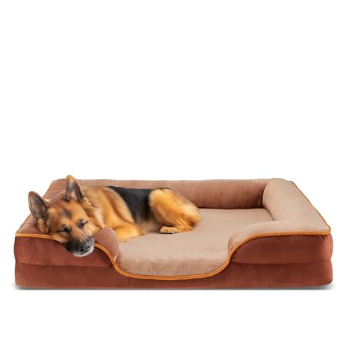 DUMOS Orthopedic Dog Bed for Large Size Dogs, Supportive Memory Foam Dog Sofa with Washable Removable Cover Non-Slip Base Waterproof Pet Couch Bed, Brown, 35' L x 25' W x 6.5' Th