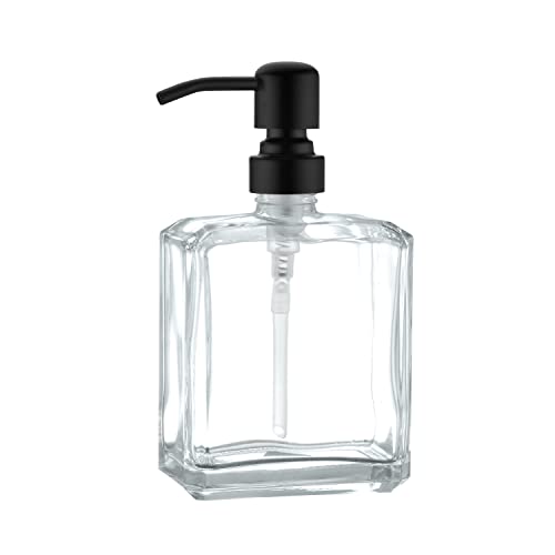 Image of Square Clear Glass Dish Soap Dispenser, Antique Refillable Hand Soap Dispenser with Rust Proof Black Stainless Steel Pump, 13.5 oz Lotion Dispenser for Bathroom Vanity, Kitchen Countertop