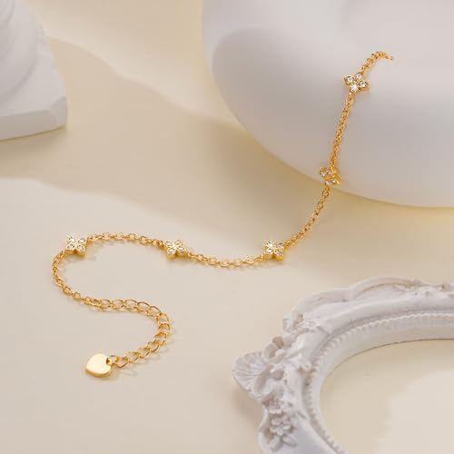 VSNPO 14K Gold Bracelets for Women Gold Clover Bracelets for Women Chain Bracelet Classic Four-Leaf Clovers Element with Cubic Zirconia Trendy Womens Four Leaf Clover Bracelet3