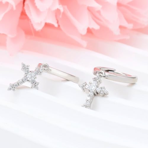 Sterling Silver Cross Earrings for Women White Gold CZ Cross Dangle Hoop Earrings Cuff Cartilage Hypoallergenic Sparkling Cross Huggie Earrings For Men Women Easter Jewelry Gifts Birthday2