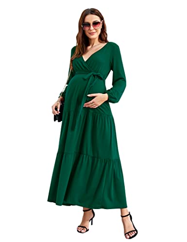 KOJOOIN Damen Umstandskleid V-Ausschnitt Stillkleid Umstandsmode mit Langarm Laternenärmel Schwangerschafts Kleider mit Gürtel Grün2 M