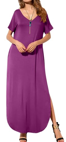 Image of GRECERELLE Women's Summer Maxi Dress Casual Loose V Neck Short Sleeve Side Split Long Dresses with Functional Pockets