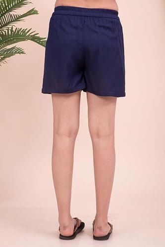 Image of Women's Cotton Regular Relaxed Fit Solid Print Design Thigh Length Casual Summer Running Yoga Gym Night Wear Shorts Elastic Waistband and Drawstring with Pocket