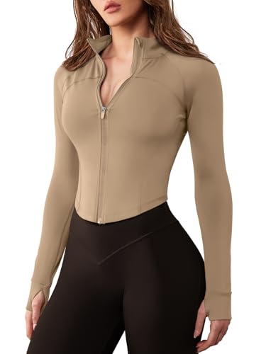 GYM RAINBOW Women's Zip Up Workout Jacket Lightweight Slim Fit Athletic Jacket Cropped Running Gym Tops with Thumb Holes(#1 Khaki,Small)