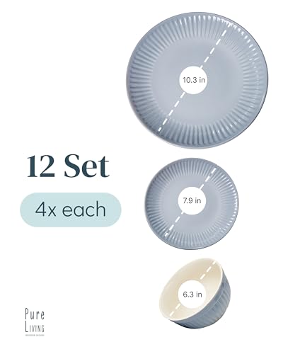 Image of Stoneware Dinnerware Set for 4 People HYGGE 12-Piece - Elegant Scandi Design - Premium Dish Set - Bowl and Plate Set - Tableware for 4 People in a Ribbed Design - Pure Living in Gray-Blue