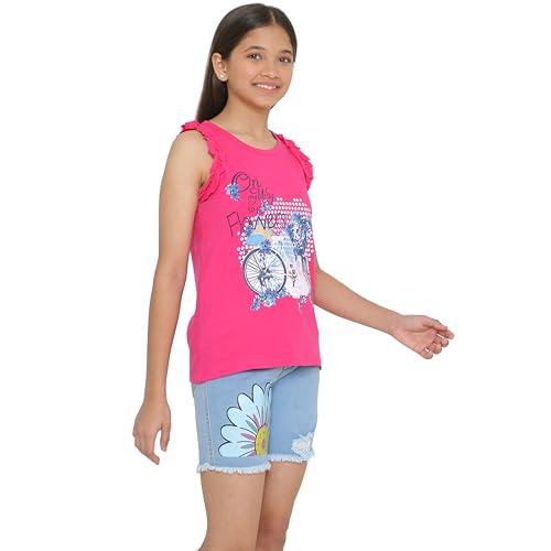Image of TotzTouch Kids Girls Flowe printed Blue Denim Shorts With Sleeveless Tshirt | Shorts Set | Clothing Set Pack of 1 (3 Years to 15 Years)