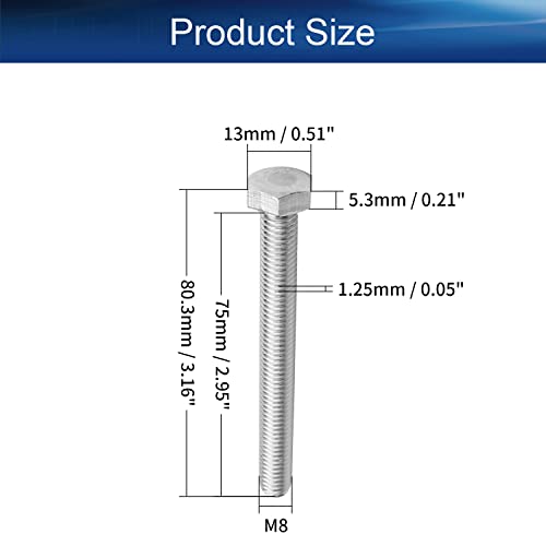 Image of Bettomshin 6Pcs M8 x 75mm Hex Bolts, 304 Stainless Steel 1.25mm Thread Pitch Fully Threaded Metric Hex Head Screw Bolts, Hexagon Screw Bolt, Hex Tap Bolts, Silver, A2-70 (Overall Size 80.3x13x13mm)
