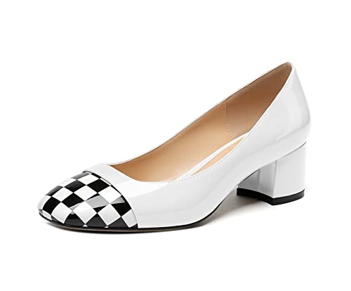 Women's Low Block Chunky Heel Pumps Cap Toe Checkered Pumps Slip on 2 Inch Square Toe Shoes for Pary Dress Work Office Workplace