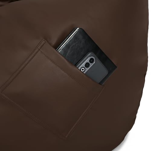 Image of 5XL Premium Leatherette Bean Bag with Rectangular Footrest & Cushion | High Density EPS Beans Filled | Teardrop Shape with Handle | 6 Months Warranty (Brown, 5XL Combo Pack, Solid)