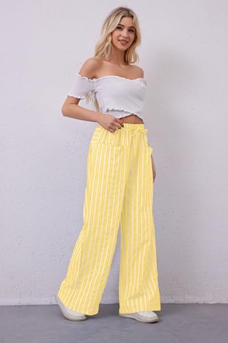 Image of MISSACTIVER Women Drawstring Striped Pants Loose Wide Leg Trousers Casual Low Waist Pants Comfy Lounge Pants with Pockets