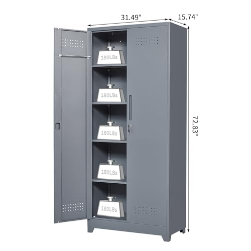 Image of Metal Tool Storage Cabinet, Broom Closet with Hooks, 72.8 inch Tall Garage Cabinet with Shelves, Heavy-Duty Cleaning Storage for Utility Room, Gym, Office, Garage